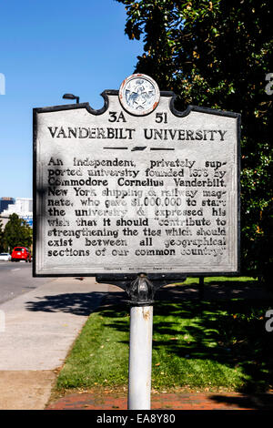 Historische Gedenktafel über die Vanderbilt University in Nashville TN Stockfoto