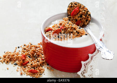 Müsli mit Chia-Samen, Leinsamen, Sesam und Goji-Beeren Stockfoto