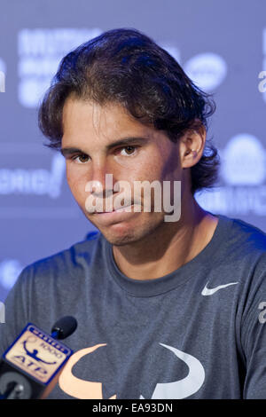 Rafael Nadal besucht eine Pressekonferenz während der Mutua Madrid Open Masters 1.000 Tennis-Turnier in der Caja Magica Madrid mit komplexen: Rafael Nadal, Rafa Nadal wo: Madrid, Spanien: 7. Mai 2014 Stockfoto