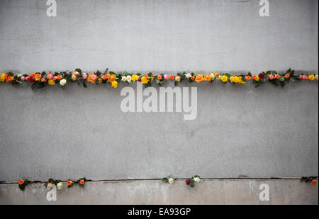 Berlin, Deutschland. 9. November 2014. Blumen sind in einem Spalt der Gedenkstätte Berliner Mauer in Berlin, Deutschland, 9. November 2014 gestellt. Zahlreiche Veranstaltungen statt zum Gedenken an den 25. Jahrestag des Falles der Berliner Mauer. Foto: Kay Nietfeld/Dpa/Alamy Live News Stockfoto