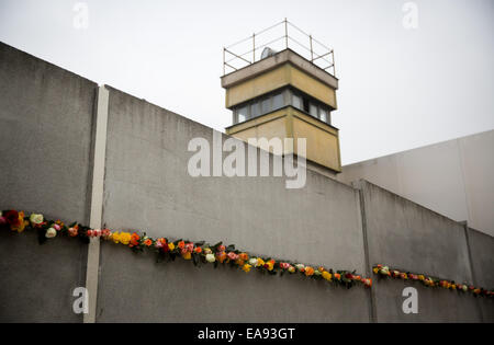 Berlin, Deutschland. 9. November 2014. Blumen sind in einem Spalt der Gedenkstätte Berliner Mauer in Berlin, Deutschland, 9. November 2014 gestellt. Zahlreiche Veranstaltungen statt zum Gedenken an den 25. Jahrestag des Falles der Berliner Mauer. Foto: Kay Nietfeld/Dpa/Alamy Live News Stockfoto