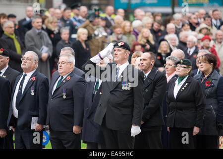 Belfast, Nordirland. 9. November 2014. Ein Offizieruniform salutiert während des Abspielens der God Save The Queen am Cenotaph in Belfast zum Gedenken an den nationalen Tag des Gedenkens Stockfoto