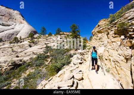 Weibliche Wanderer auf den West Rim Wanderweg. Zion Nationalpark, Utah, USA. Stockfoto