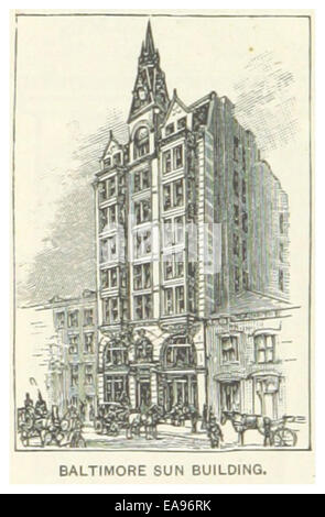 Eine Illustration des Baltimore Sun Building in Washington, D.C. aus dem Jahr 1891, eine bemerkenswerte Struktur dieser Zeit. Diese Zeichnung hebt die architektonischen Merkmale eines prominenten amerikanischen Gebäudes aus dem späten 19. Jahrhundert hervor. Stockfoto