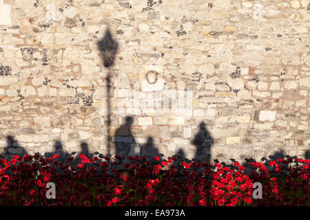 Remembrance Sunday Mohn anzuzeigen. Besucher Schatten an der Außenwand des Tower of London. Stockfoto
