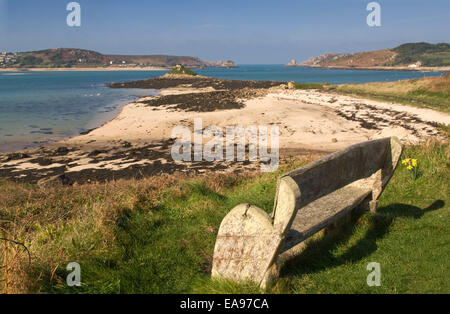 Tresco, Scilly-Inseln, zeigt Tresco Abbey und einen Ausblick auf die Inseln aus einem Hubschrauber Stockfoto