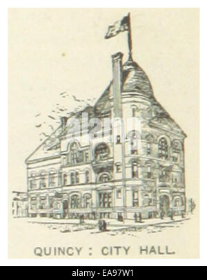 Diese 1891 abgebildete Illustration zeigt das Rathaus in Quincy, Illinois, und zeigt das architektonische Design und die öffentliche Bedeutung des Bürgergebäudes während des späten 19. Jahrhunderts. Stockfoto