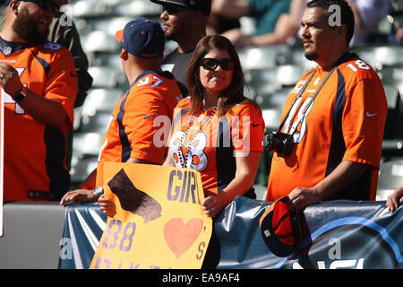 Oakland, Kalifornien, USA. 9. November 2014. Denver Broncos Fans wartet auf den Start der NFL Football-Spiel zwischen den Denver Broncos und die Oakland Raiders im O.co Coliseum in Oakland, Kalifornien. Bildnachweis: Csm/Alamy Live-Nachrichten Stockfoto