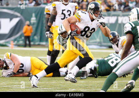 East Rutherford, New Jersey, USA. 9. November 2014. Pittsburgh Steelers engen Ende Heath Miller (83) in Aktion während der NFL-Spiel zwischen der Pittsburgh Steelers und die New York Jets MetLife Stadium in East Rutherford, New Jersey. Die New York Jets gewann 20-13. Bildnachweis: Cal Sport Media/Alamy Live-Nachrichten Stockfoto