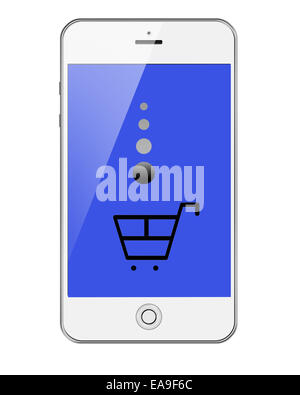Mobile Smart Phone mit Einkaufswagen, Isolated on White Background. Sehr detaillierte Darstellung. Stockfoto