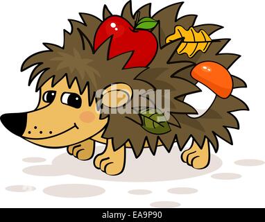 Lächelnd Igel mit Apfel, Vektor Pilz und Blatt-illustration Stock Vektor