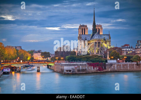 Bild der Kathedrale Notre-Dame in der Abenddämmerung in Paris, Frankreich. Stockfoto