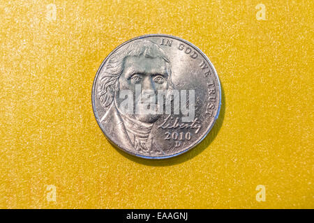 Ein USA-5-Cent-Münze mit dem Bildnis der Thomas Jefferson Stockfoto