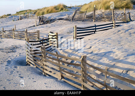 England, Sussex, West Wittering. Sand Zäune, die entworfen, um die Dünen sind Bestandteil der Küstenschutz-System zu stabilisieren. Stockfoto