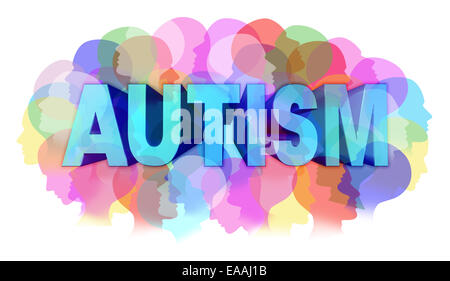 Autismusdiagnose und autistischen Störung Konzept oder ASD-Konzept als eine Gruppe von menschlichen Gesichtern zeigt die Farbe Specrtrum als eine psychische Stockfoto