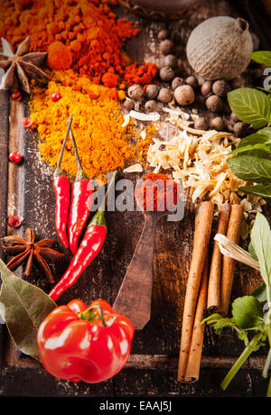 Verschiedene Arten von Gewürzen auf Holzbohlen Stockfoto