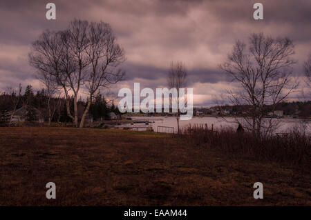 Abend, vorbei an Feld und Birken in einen ruhigen Hafen von Maine, Boote und kleine Stadt sichtbar am jenseitigen Ufer suchen. Stockfoto