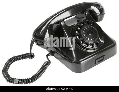 Schwarz Telefon mit Wählscheibe Isolated on White Background Stockfoto