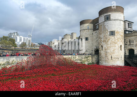 Die große Kunst Installation Blut Mehrfrequenzdarstellung Länder und Meere von rot an der Tower of London, England, UK Stockfoto