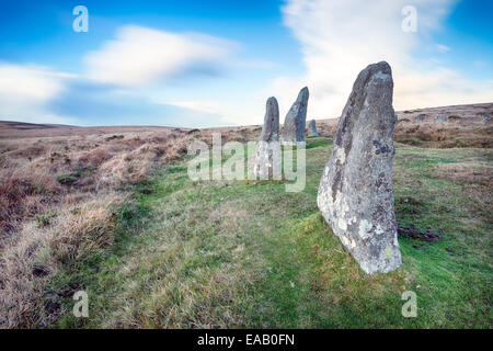 Eine Langzeitbelichtung von stehenden Steinen am Scorehill Stone Circle in der Nähe von Gidleigh auf Dartmoor National Park in Devon Stockfoto