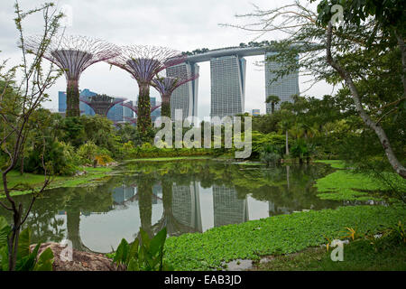 Marina Bay Sands Casino Resort / Hotel, steigt neben künstlichen Bäumen der Gärten von der Bucht & im ruhigen Wasser des Pools Stockfoto