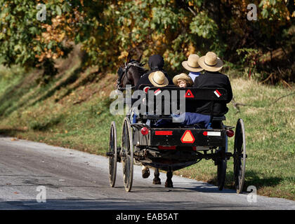 Amische Familie Pferd gezeichneten Buggy, Ronks, Lancaster County, Pennsylvania, USA Stockfoto