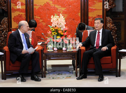 Peking, China. 11. November 2014. Chinese Vice Premier Wang Yang (R) trifft sich mit Angel Gurria, Generalsekretär der Organisation für wirtschaftliche Zusammenarbeit und Entwicklung (OECD) in Peking, Hauptstadt von China, 11. November 2014. © Zhang Duo/Xinhua/Alamy Live-Nachrichten Stockfoto