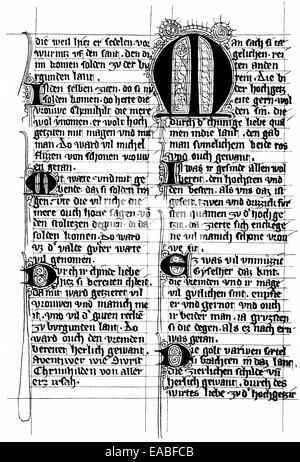 Pruenn-Münchner Handschrift, Nibelungenlied, das Lied der Nibelungen, eine Version des mittelalterlichen Epos, 13. Jahrhundert, Histor Stockfoto