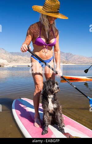 Ein älteres Ehepaar auf Stand auf Paddel boards am Lake Isabella in der Nähe von Bakersfield, östlich von kalifornischen Central Valley, die bei weniger als 13 % Kapazität nach dem vier Jahr lang verheerende Dürre. Das Reservoir sank so tief, dass der Wasserstand unterhalb der Ablaufrohr. Stockfoto