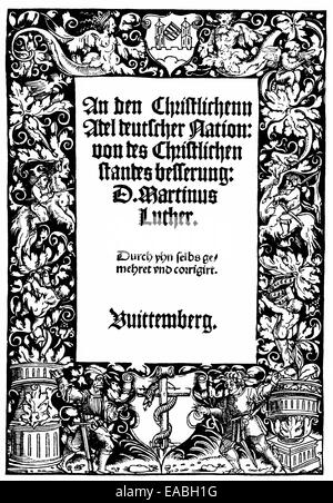 1520, Titelblatt des ersten reformatorischen Dokuments geschrieben von Martin Luther, 1483-1546, Holzschnitt von 1520, Titelseite der1. Stockfoto