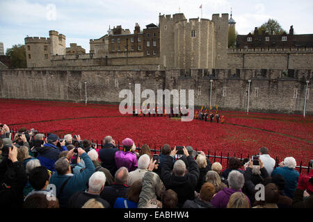 London, UK. 11. November 2014. Kundenansturm am Tag des Waffenstillstands, den letzte Mohn pflanzte in den Tower of London zu sehen und sich in einer zweiminütigen Stille anzuschließen. 888.246 keramische Gregory Mohnblumen sind gepflanzt worden. Eine für jeden Lebenspunkt verloren im ersten Weltkrieg. Die Installation wurde durch erstellt von Keramik-Künstler Paul Cummins mit Einstellung von Bühnenbildner Tom Piper und Tausenden von Freiwilligen gemacht. Bildnachweis: Michael Kemp/Alamy Live-Nachrichten Stockfoto