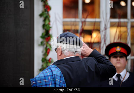 Brighton, UK. 11. November 2014. Mitglieder der RAF Police Association und Blind Veterans UK führen ein Guard of Honour Parade und zwei Minuten Stille am Bahnhof Brighton um 11:00 zum Tag des Waffenstillstands gedenken. Stockfoto