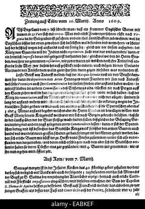 Historischen drucken, 1609, der weltweit ersten Zeitung, gedruckt und veröffentlicht seit 1604 von Johann Carolus, 1575-1634, prin Stockfoto