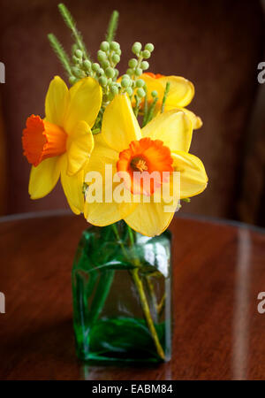 kleinen Blumenstrauß des Frühlings Narzissen auf Tisch Stockfoto