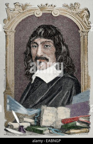 René Descartes (1596-1650). Französischer Philosoph. Kupferstich von Rousseau. Farbige. Stockfoto