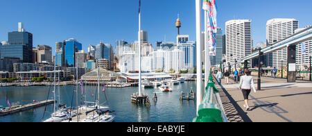 Blick auf Sydney CBD und Boote ankern in Darling Harbour, Sydney, New South Wales, Australien Stockfoto