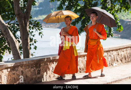 Buddhistische Mönche mit Sonnenschirmen zu Fuß durch Luang Prabang, Laos, Südostasien, Asien, Stockfoto