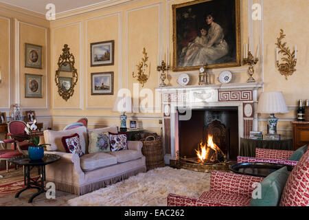 Vergoldete gerahmt Porträt über dem Kamin im eleganten Salon mit Pelz-Stil-Wolldecke und Kerze Leuchter vergoldetem Stockfoto