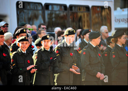 London, Ontario, Kanada. 11. November 2014. Hinter und anwesende Mitglieder der kanadischen Streitkräfte und die Öffentlichkeit versammeln sich am Cenotaph in London, Ontario, Gedenktag zu beobachten. An diesem Feiertag halten bundesweite Gemeinschaften Zeremonien, um gefallene Soldaten Respekt zollen. Bildnachweis: Jonny White/Alamy Live-Nachrichten Stockfoto