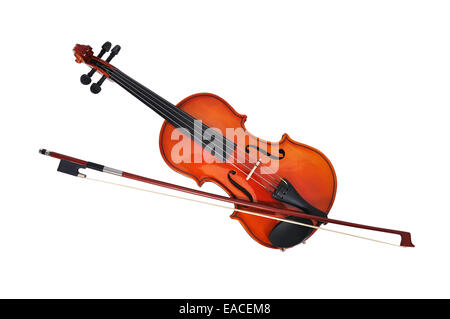 Violoncello mit Geigenbogen unter dem weißen Hintergrund isoliert Stockfoto