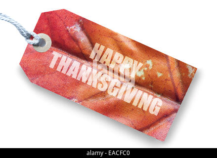 Happy Thanksgiving Herbst Geschenkanhänger vor einem weißen Hintergrund Stockfoto