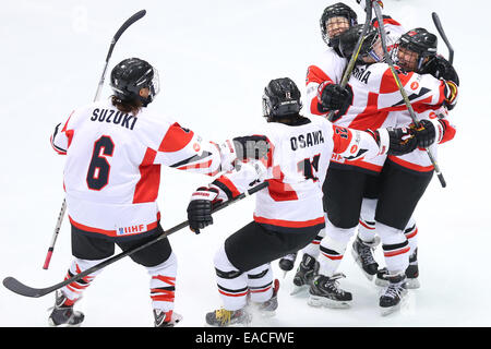 Yokohama, Japan. 11. November 2014. Japan-Teamgruppe Eishockey: 2015 IIHF Eishockey Womens World Championship Qualifikation Series match zwischen Japan 2: 1 Tschechien im Shin-Yokohama Skate Center in Yokohama, Japan. Bildnachweis: Shingo Ito/AFLO SPORT/Alamy Live-Nachrichten Stockfoto