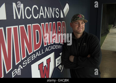 Alpharetta, GA, USA. 5. Februar 2014. Brian McCann, heuerte ehemalige Atlanta Braves Catcher bei NY Yankees. Abgebildet in seiner Familie Windward Baseball Academy in Alpharetta GA © Robin Rayne Nelson/ZUMA Draht/Alamy Live News Stockfoto