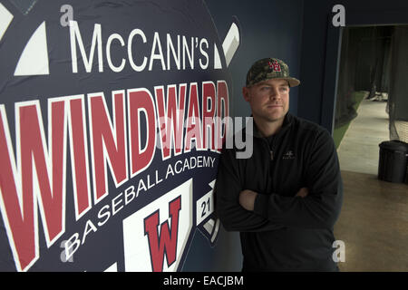 Alpharetta, GA, USA. 5. Februar 2014. Brian McCann, heuerte ehemalige Atlanta Braves Catcher bei NY Yankees. Abgebildet in seiner Familie Windward Baseball Academy in Alpharetta GA © Robin Rayne Nelson/ZUMA Draht/Alamy Live News Stockfoto