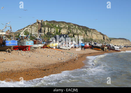 Trawler landen am Old Town Stade Beach. Hastings verfügt über die größte vom Strand gestartete Fischereiflotte in Großbritannien und Europa. Stockfoto