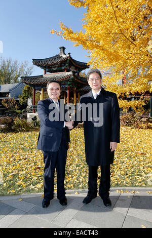 Peking, China. 12. November 2014. Zhang Zhijun (R), Leiter des State Council Taiwan Affairs Office erfüllt mit Wang Yu-Chi, Taiwans Festland Angelegenheiten Chef, in Peking, Hauptstadt von China, 12. November 2014. © Shen Bohan/Xinhua/Alamy Live-Nachrichten Stockfoto