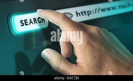 Einem Finger drücken eine Suchschaltfläche Motor, Bildkonzept Internetsuche und interaktives Terminal. Stockfoto