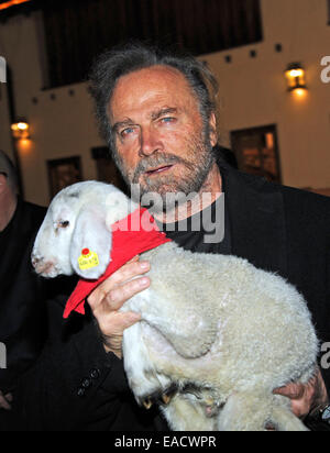 Salzburg, Österreich. 11. November 2014. Italienischer Schauspieler Franco Nero posiert mit einem Lamm auf einem traditionellen Weihnachten Display auf den Gnadenhof Gut Aiderbichl in Salzburg, Österreich. 6. Dezember 2014 wird die Show "Advent in Aiderbichl" auf der TV-Sender ORF 2 einen Bericht auf dem Weihnachts-Display übertragen. Das Tierheim ist Heimat von Tieren, die aus traurigen Situationen kommen. Bildnachweis: Dpa picture Alliance/Alamy Live News Stockfoto