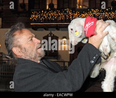 Salzburg, Österreich. 11. November 2014. Italienischer Schauspieler Franco Nero posiert mit einem Lamm auf einem traditionellen Weihnachten Display auf den Gnadenhof Gut Aiderbichl in Salzburg, Österreich. 6. Dezember 2014 wird die Show "Advent in Aiderbichl" auf der TV-Sender ORF 2 einen Bericht auf dem Weihnachts-Display übertragen. Das Tierheim ist Heimat von Tieren, die aus traurigen Situationen kommen. Bildnachweis: Dpa picture Alliance/Alamy Live News Stockfoto