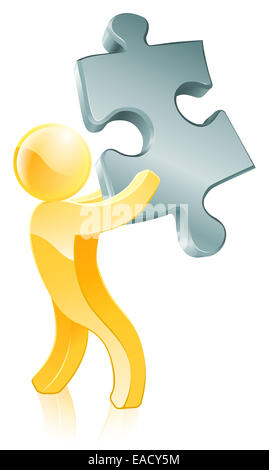 Ein Beispiel für ein 3d Maskottchen-Person, die ein Puzzleteil Stockfoto